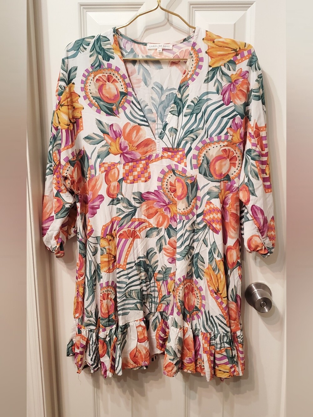 Label of Love Floral V-Neck Ruffle-Hem Mini Dress in White Multi